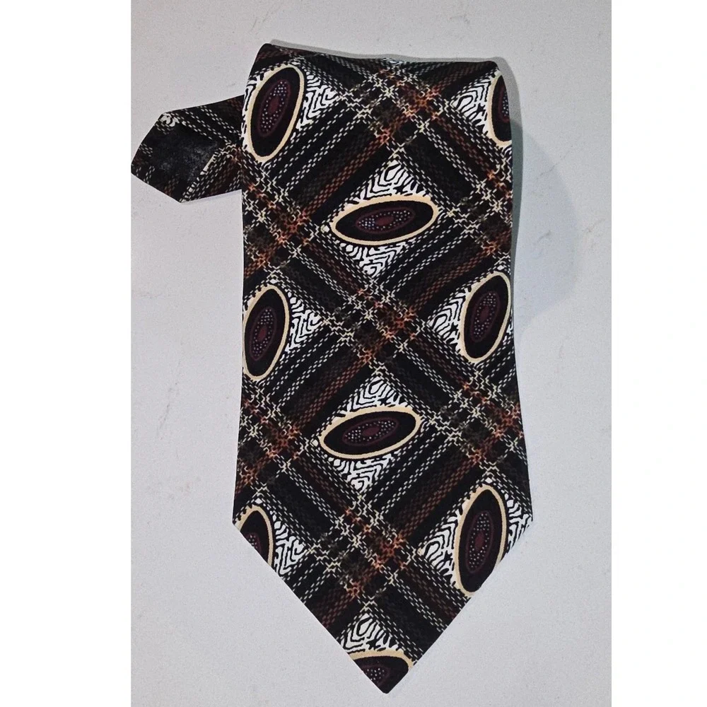Champs Elysees Paris Mens Tie Black Brown Plaid Abstract Ovals Geometric Tie